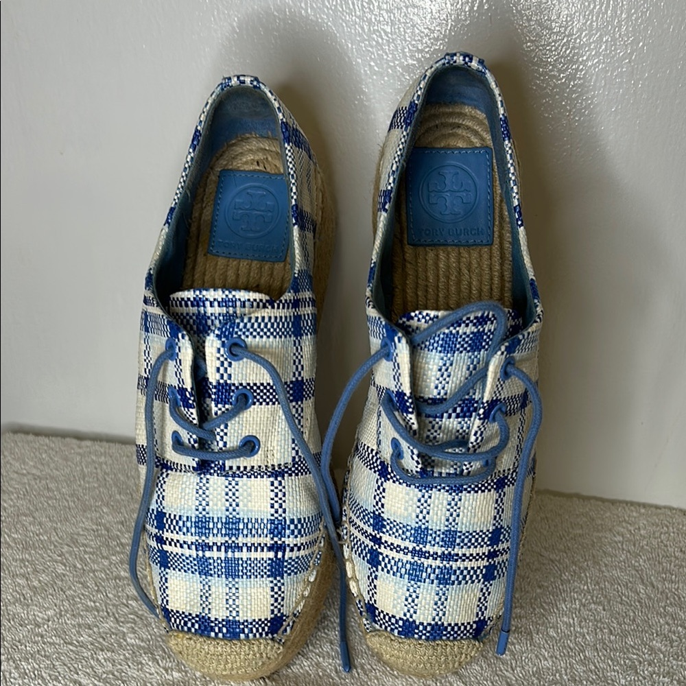 Tory Burch Blue and White Espadrille Loafers
